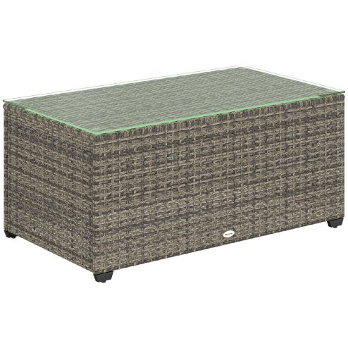 Outsunny Outdoor Coffee Table, PE Rattan Side Table with Tempered Glass Top, Wicker Rectangular Garden Coffee Table End Table with Steel Frame for Patio, Balcony, 90 x 50 x 38cm, Dark Grey