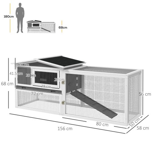 PawHut Rabbit Hutch with Run Wooden Guinea Pig Hutch Outdoor Bunny Cage Hide House with Sliding Tray, Hay Rack, Ramp, 156 x 58 x 68cm, Grey