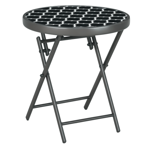 Outsunny ??45cm Garden Side Table, Outdoor Round Folding Patio Table with Imitation Marble Glass Top, Small Coffee Table, Black and White