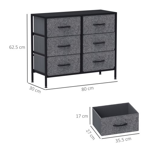 HOMCOM Fabric Chest of Drawers, Storage Drawers, Industrial Bedroom Dresser with 6 Fabric Drawers, Steel Frame and Wooden Top for Nursery, Living Room, Hallway, Black