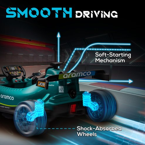 AIYAPLAY Aston Martin Licensed 12V Electric Go Kart, Kids Racing Kart with Bluetooth, 4 Suspension Wheels, Remote Control, Music Lights Horn, for 3-6 Years, Green
