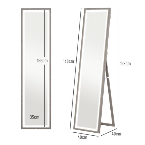 HOMCOM Full Length Mirror with LED Lights, 160 x 40cm Free Standing Mirror with Dimming and 3 Colour Lighting, Leaning or Wall Mirror with Frame for Living Room, Bedroom, Grey