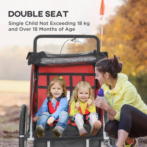 HOMCOM 2 Seat Bike Trailer for Kids, Baby Bike Stroller with 5 Point Harness, Child Bicycle Trailer with Safety Flag, Reflectors, Windproof Curtain, for 18+ Months, Red