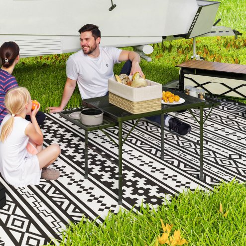 Outsunny Folding Grill Table, 4.5ft Portable Camping Table with 2 Wing Panels, Height Adjustable Metal Picnic Table for Camping, Picnic and BBQ, Black