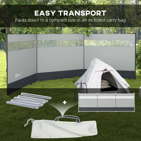 Outsunny Camping Windbreak, 4 Pole Windbreaker Blocker with Clear Windows, Carry Bag and Steel Poles, for Beach Caravan Campervan, 440 x 140cm, Grey