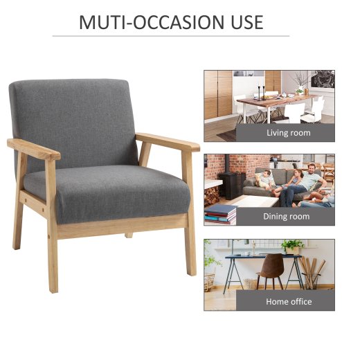 HOMCOM Accent Chair Wood Frame with Thick Linen Cushions Wide Seat Armchair Home Furniture Bedroom Office Grey