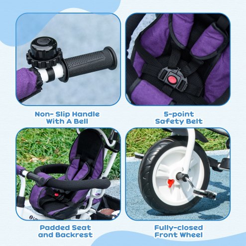 HOMCOM 6 in 1 Trike, Kids Tricycle, Pedal Push Bike w/ Push Handle, Removable Canopy, 5-point Safety Belt, Storage, Footrest, Brake, for 1-5 Years Toddler, Purple