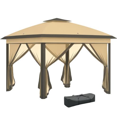 Outsunny 3.3 x 3.3m Pop Up Gazebo, Double Roof Foldable Canopy Tent with Zipped Mesh Sidewalls, Height Adjustable and Carrying Bag, Event Tent for Patio Garden, Beige Image