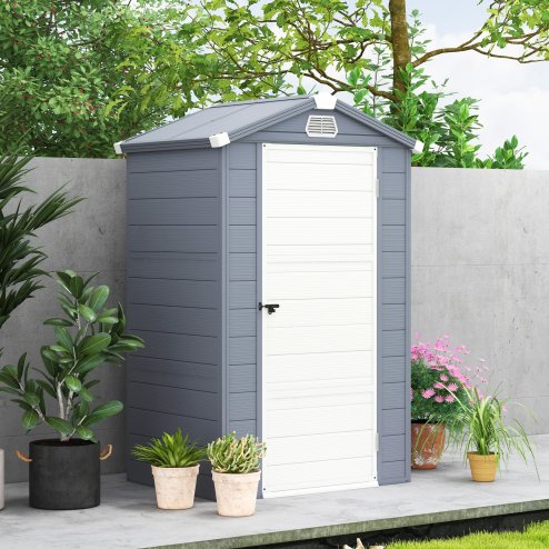 Outsunny 4 x 3ft Plastic Garden Storage Shed with Foundation Kit, Polypropylene Outdoor Storage Tool House with Ventilation Slots and Lockable Door, Grey