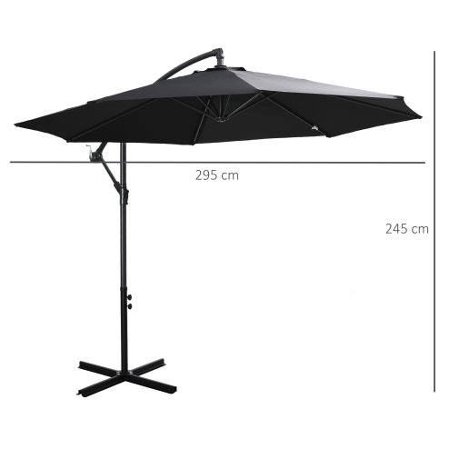Outsunny 3(m) Garden Banana Parasol Hanging Cantilever Umbrella with Crank Handle, 8 Ribs and Cross Base for Outdoor, Sun Shade, Black