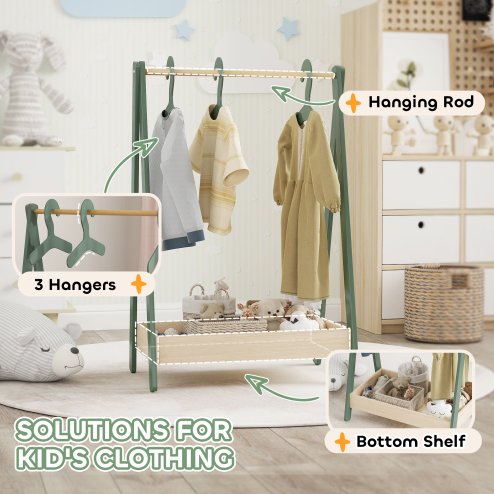 CHINESE AIYAPLAY Kids Clothes Rail, Children Dress Up Rail with 3 Hangers, Bottom Storage Shelf, Gift for Girls, Boys, Nursery, Bedroom, Green