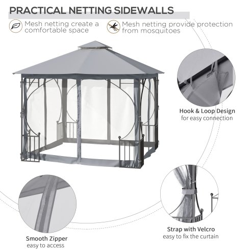 Outsunny 3 x 3m Garden Gazebo Patio Party Tent Shelter Outdoor Canopy Double Tier Sun Shade with Metal Frame and Netting, Light Grey