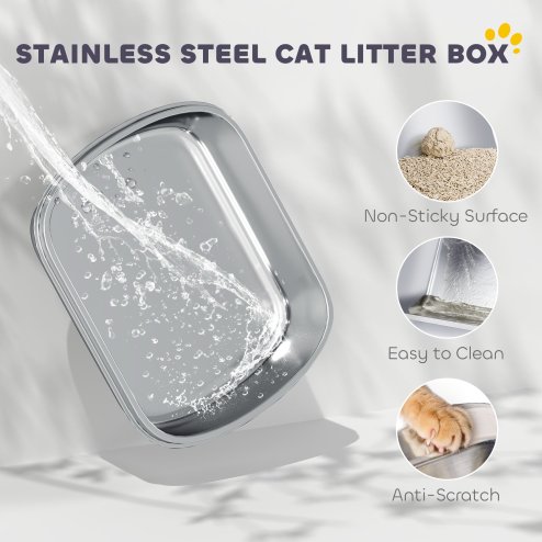 PawHut Stainless Steel Cat Litter Tray with Lid, High-Sided XL Enclosed Metal Litter Box for Big Cats with Scoop, Flip-Cover, Easy Clean