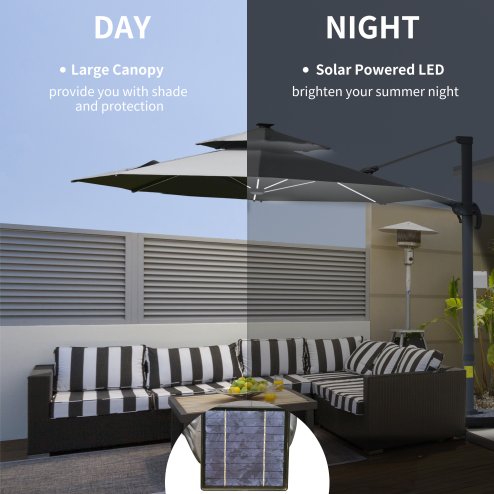 Outsunny 3(m) Cantilever Roma Parasol with LED Solar Lights, Crank & Tilt, Aluminium Frame, Cross Base and Adjustable Canopy 360 Degrees Rotating Sun Umbrella with 2-Tier Shade, Grey