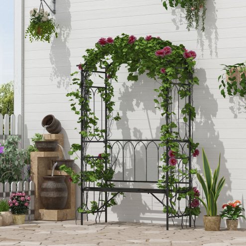 Outsunny Garden Metal Arch Bench Outdoor 2-Seater Chair, Patio Rose Trellis Arbour Pergola for Climbing Plant Vintage Classic Black 115L x 50W x 203H cm