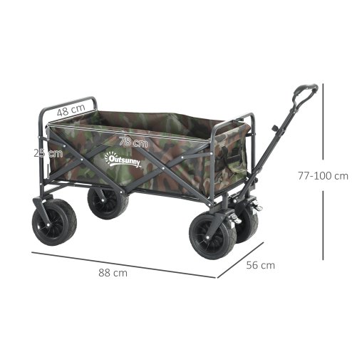 Outsunny 100KG Festival Trolley on Wheels, Folding Camping Trolley Cart with Telescopic Handle, Carry Bag and All-Terrain Big Wheels, for Garden Beach Fishing, Camouflage