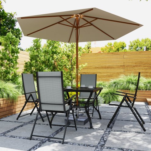 Outsunny 5 Pieces Garden Dining Set, 4 Seater Garden Furniture Set with Parasol Hole, Outdoor Dining Set with High Back Folding Chairs and Square Metal Top Table for Outdoor Patio, Grey