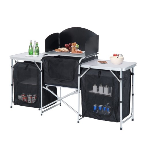 Outsunny Portable Camping Kitchen with Aluminium Frame, Fold-Up Cooking Table With Windscreen and 3 Enclosed Cupboards for BBQ, Party, Picnic, Black