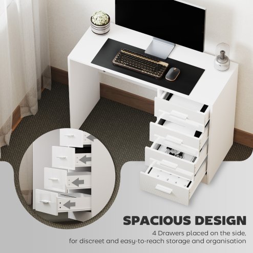 HOMCOM Computer Desk with Drawers, Dressing Table, High Gloss Home Office Writing Workstation, White