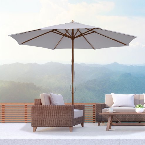 Outsunny 3(m) Garden Parasol, Pulley Operated Patio Umbrella, Wooden Parasol, Table Market Umbrella with Rope Pulley Mechanism and 8 Ribs, White