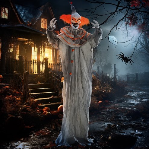 HOMCOM 183cm Orange Classic Clown Outdoor Halloween Decoration, Halloween Animatronic with Sound Activated, Light Up Eyes, Sound Effects, Animated Prop for Haunted House