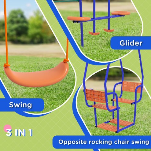 Outsunny Kid Swing Set, 3 in 1 Garden Metal Set for Outdoor with Single Swing, Glider, Rocking Chair Swing, for Toddlers 3+Years, Orange