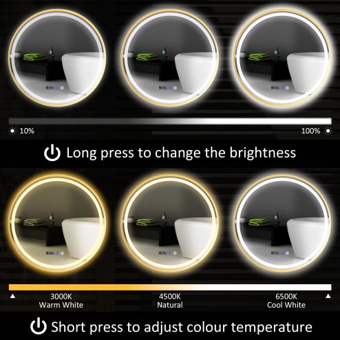 HOMCOM 600mm Round Bathroom Mirror with LED Lights, Wall Mounted Backlit Illuminated Bathroom Mirror with Demister, 3 Colours Dimmable, Memory Function, Touch Switch, Time and Temp Display, Gold Tone