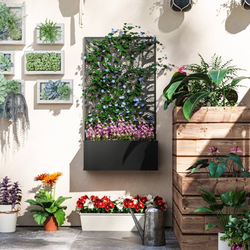 Outsunny Metal Garden Bed with Trellis, Wall Mounted or Freestanding Raised Planter with Privacy Panel, Leaf Cut-out Privacy Screen with Planter Box for Climbing Plants, Flowers, Vegetables