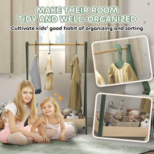 CHINESE AIYAPLAY Kids Clothes Rail, Children Dress Up Rail with 3 Hangers, Bottom Storage Shelf, Gift for Girls, Boys, Nursery, Bedroom, Green