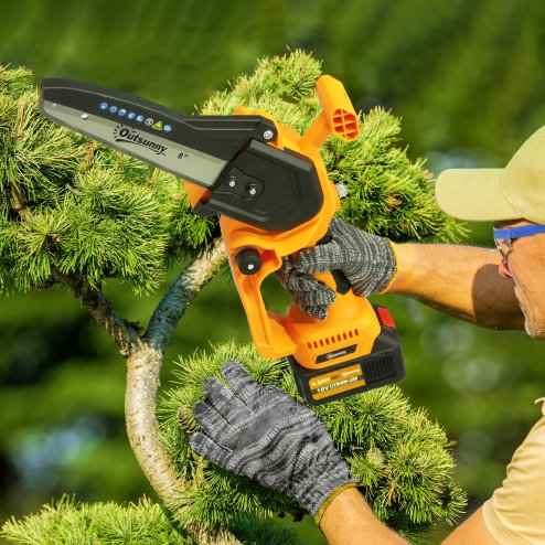Outsunny 8 Inch Electric Chainsaw, Cordless Mini Chain Saw with Brushless Motor, 2 x 4000mAh Batteries and Safety Lock, Handheld Portable Wood Pruning Saw for Trimming Cutting, Orange