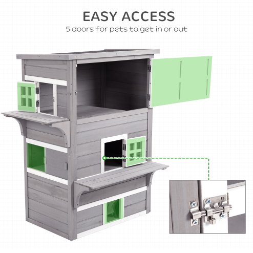 PawHut Outdoor Cat House, 3 Tier Wooden Kitten Shelter with Jumping Platforms, Asphalt Roof, Doors for Indoor, Garden - Grey