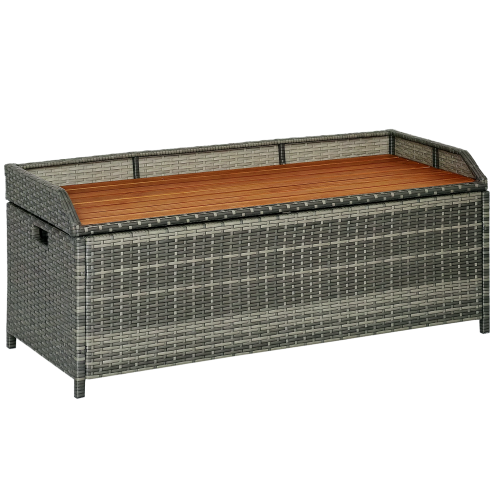 Outsunny Patio Wicker Storage Bench Box, Outdoor Garden PE Rattan Pool Storage Deck Bin Box w/ Natural Wood Top, Lid, Ideal for Storing Tools, Accessories and Toys, Mixed Grey