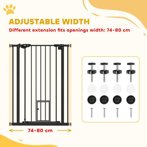 PawHut Extra Tall Dog Gate with Cat Flap, Pet Safety Gate for Doorways Stairs with Auto Close Double Locking, 104 cm Tall 74-80 cm Wide, Black
