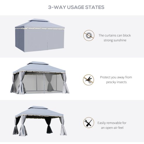 Outsunny 3 x 4m Aluminium Garden Gazebo, Marquee Canopy Shelter Pavilion Party Tent with Nets and Curtains for Garden and Deck, Grey