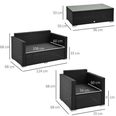 Outsunny 4 Pieces Outdoor PE Rattan Sofa Set with Cushions, Patio Wicker Conversation Furniture Set with Glass Top Coffee Table, Black