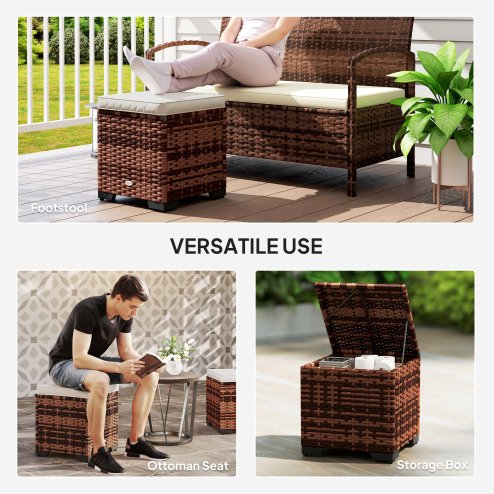 Outsunny Set of 2 Rattan Storage Ottoman, Outdoor Footstool with Removable Cushions, Garden Storage Seat for Balcony, Porch, Living Room, Beige
