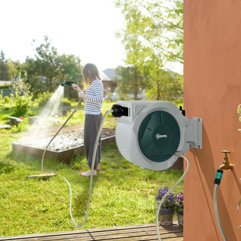 Outsunny Retractable Hose Reel Wall Mounted, 30+2m Garden Hose Pipe Reel with Lock, Auto Rewind, 7 in 1 Spray Nozzle, Includes Wall Fixings, 180?? Swivel, Outdoor Watering, Grey