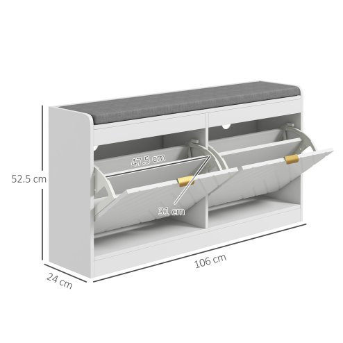 HOMCOM Shoe Storage Bench, Narrow Shoe Bench with 2 Flip Drawers, Seating Cushion and 2 Vents for 8 Pairs of Shoes for Entryway, Hallway, White