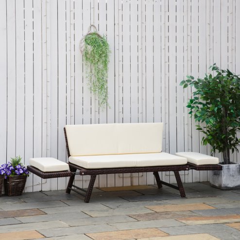 Outsunny Rattan Garden Sofa Bed with Adjustable Armrests, 2-in-1 Convertible Couch Garden Daybed Lounger, Outdoor Folding Chaise Lounge Loveseat with Cushions for Porch, Patio, Brown
