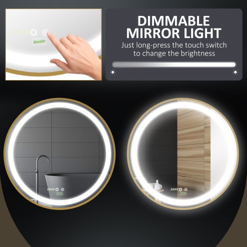 kleankin Round Bathroom LED Mirror, Dimmable Lighted Wall-Mounted Mirror with 3 Temperature Colours, Time Display, Memory Function, Hardwired, Gold
