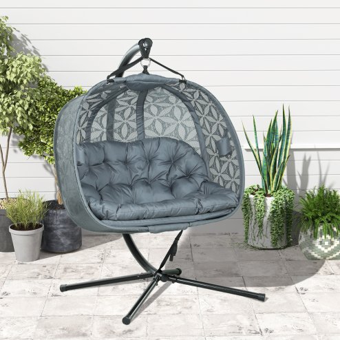 Outsunny Outdoor Double Hanging Chair, Swing Chair with Metal Stand, Thick Padded Cushion, Foldable Basket and Cup Holders, for Indoor and Outdoor, Charcoal Grey