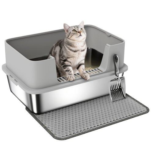 PawHut Stainless Steel Litter Box, High Sided Cat Litter Tray with Metal Scoop, Mat, Never Absorbs Odors, Anti Leakage & Easy to Clean, Pet Toilet for Big Cats, Grey