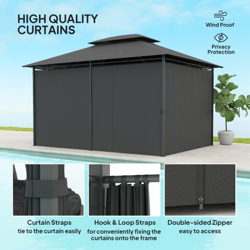 Outsunny 4m x 3(m)Garden Gazebo, Double Roof Outdoor Gazebo Canopy Shelter with Curtains, Solid Steel Frame for Patio, Garden, Black