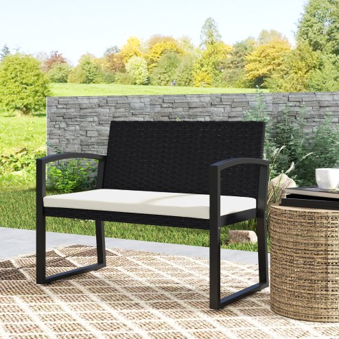 Outsunny 2 Seater Rattan Garden Bench, Outdoor Bench with Cushion, PE Wicker Garden Loveseat with Armrests, Galvanised Steel Frame for Patio, Park, Black