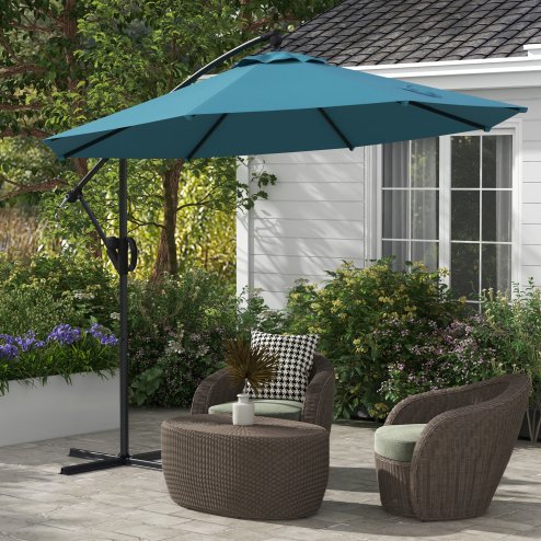Outsunny 3(m) Cantilever Parasol with Cross Base, Banana Parasol with Crank Handle, Tilt and 8 Ribs, Round Hanging Patio Umbrella for Outdoor Pool, Garden, Balcony, Blue