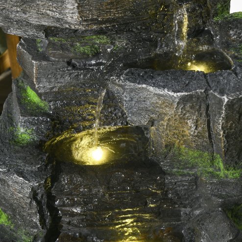 Outsunny Solar Powered Garden Water Feature with LED Lights and Pump, 4 Tier Cascading Water Fountain for Indoor/Outdoor, Stacked Stone Rock Waterfall Ornament, 57cm Height, Dark Grey