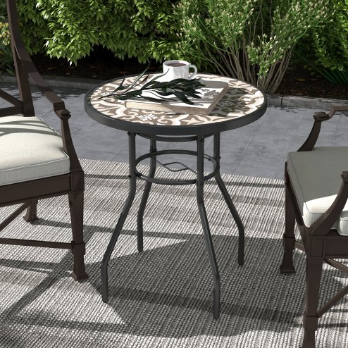 Outsunny ??60 cm Garden Round Coffee Table,  Outdoor Side Table with Tempered Glass Printed Table Top and Foot Pads for Porch, Balcony, Tan Brown