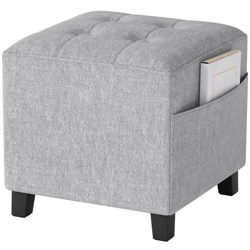 HOMCOM Square Footstool, Small Ottoman with Side Pocket, Linen Fabric Footrest Foot Stool with Rubber Wood Legs and Padded Seat for Living Room, Bedroom, Entryway, 35 x 35 x 35cm, Light Grey