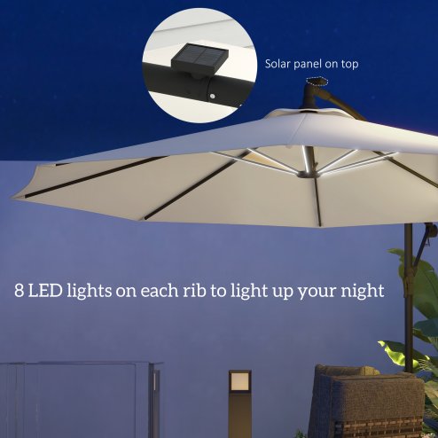 Outsunny 3(m) Banana Cantilever Parasol with Solar LED Lights, Garden Umbrella with Cross Base and Crank Handle, Hanging Offset Sun Shade for Outdoor, Patio, Beige