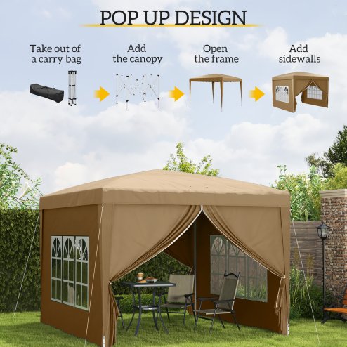 Outsunny 3 x 3 Meters Pop Up Water Resistant Gazebo Wedding Camping Party Tent Canopy Marquee with Carry Bag and 2 Windows, Khaki